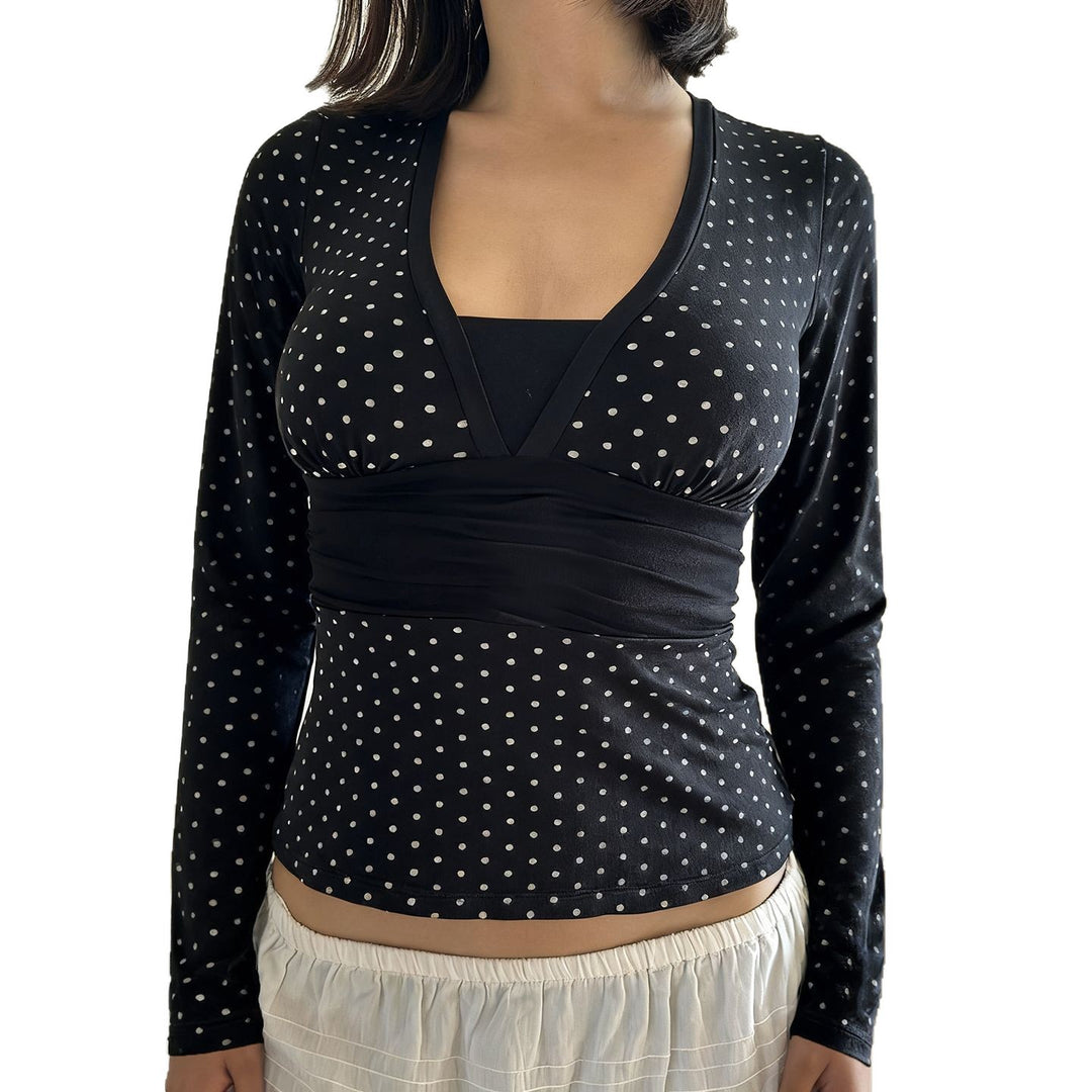 Damen nan taillierte Wickelbluse mit Polka‑Dot Muster, tiefem V‑Ausschnitt und breitem Taillenband EB