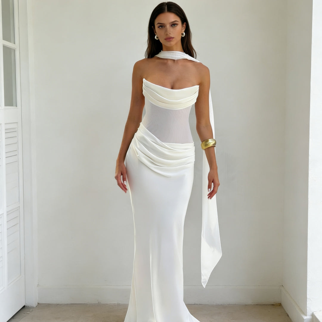 Damen Elegantes schulterfreies Maxikleid mit verführerischem Rüschendetail EB