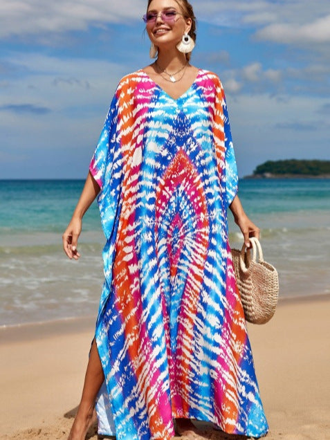 Damen Strandkleid mit V-Ausschnitt und einzigartigem Batikmuster EB
