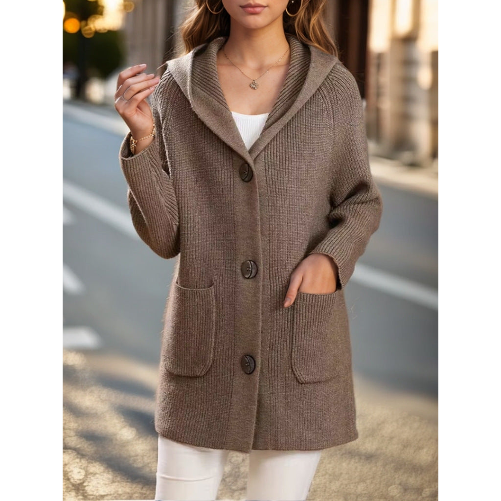 Damen nan lange gerippte Kapuzen-Strickjacke mit aufgesetzten Taschen und markanten Knöpfen EB