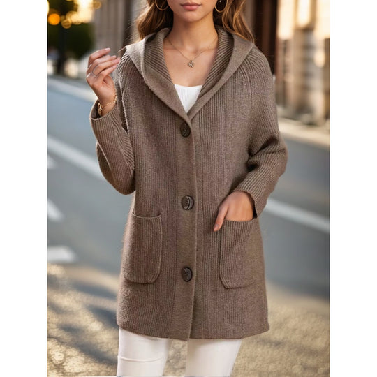 Damen nan lange gerippte Kapuzen-Strickjacke mit aufgesetzten Taschen und markanten Knöpfen EB