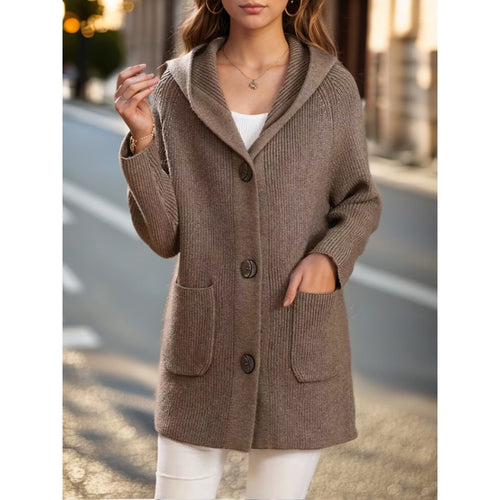 Damen nan lange gerippte Kapuzen-Strickjacke mit aufgesetzten Taschen und markanten Knöpfen EB
