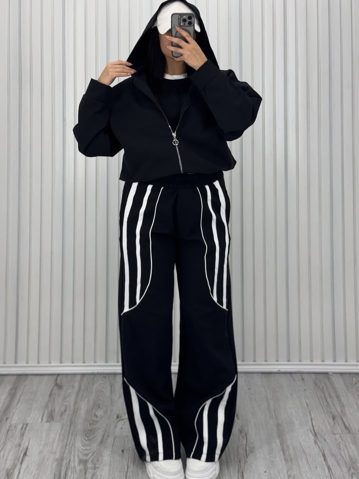 Damen Oversize Kapuzen-Sweatjacke mit Reißverschluss und weitem Trackpant-Set EB