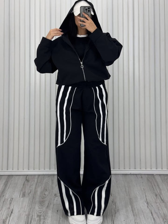 Damen Oversize Kapuzen-Sweatjacke mit Reißverschluss und weitem Trackpant-Set EB