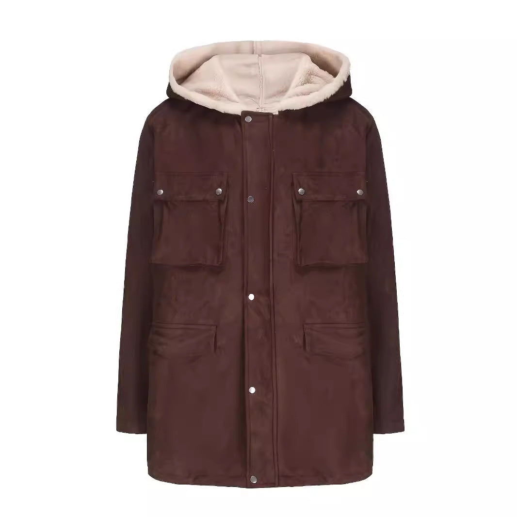 Damen warme Outdoorjacke mit Innenfutter aus Kunstfell und großen Taschen EB