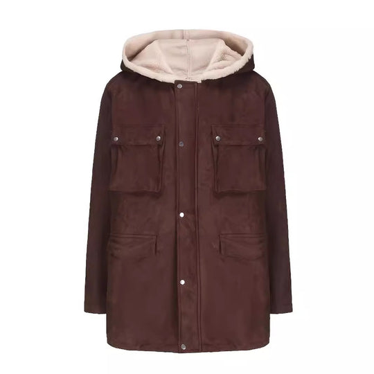 Damen warme Outdoorjacke mit Innenfutter aus Kunstfell und großen Taschen EB