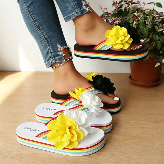 Damen Trendige Flip-Flops mit floralem Dekor und buntem Riemendesign EB