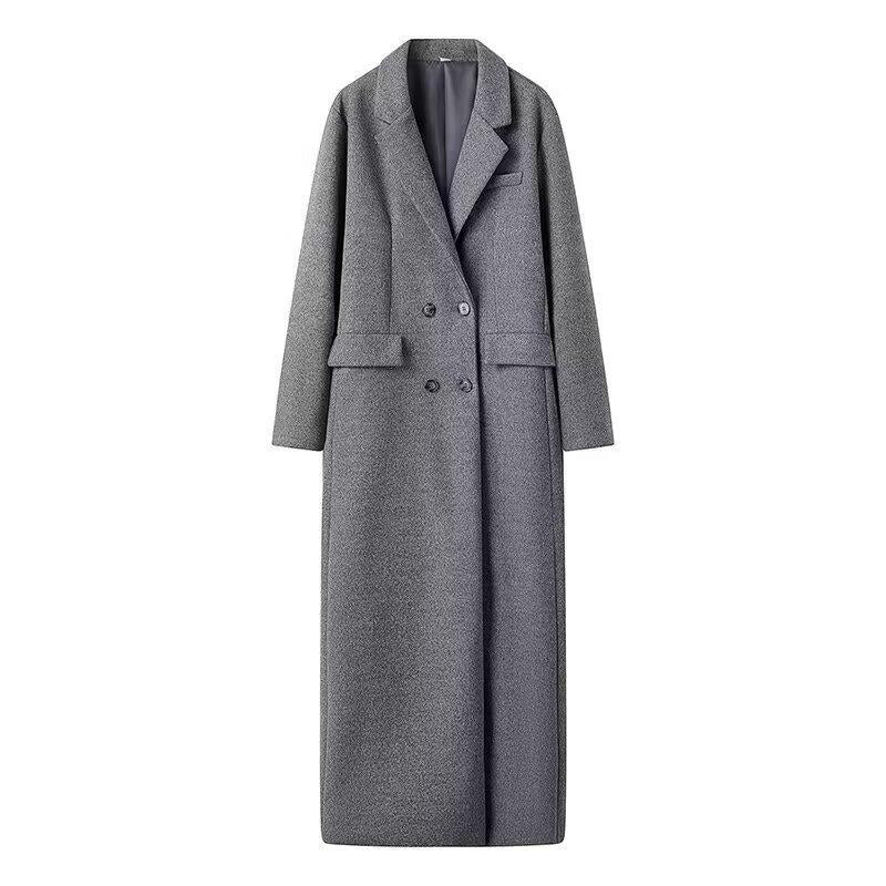 Damen eleganter langärmeliger Wollmantel mit Doppelreiher und hohen Taschen EB