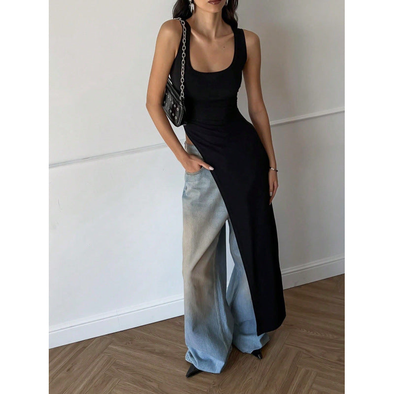 Damen Langarm-Umstands-Tunika mit asymmetrischem Schnitt und stylischen Denim-Elementen EB