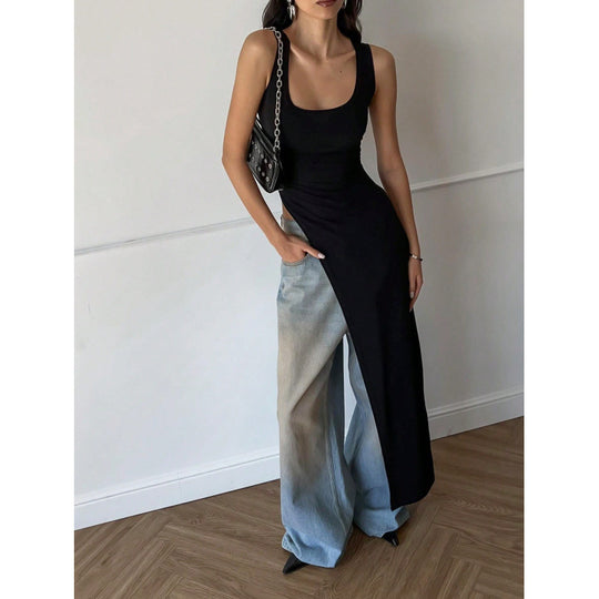 Damen Langarm-Umstands-Tunika mit asymmetrischem Schnitt und stylischen Denim-Elementen EB