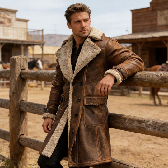 Herren nan langer vintage Biker-Ledermantel mit durchgehendem Sherpa-Futter, Pattentaschen und verstellbaren Schnallenmanschetten EB