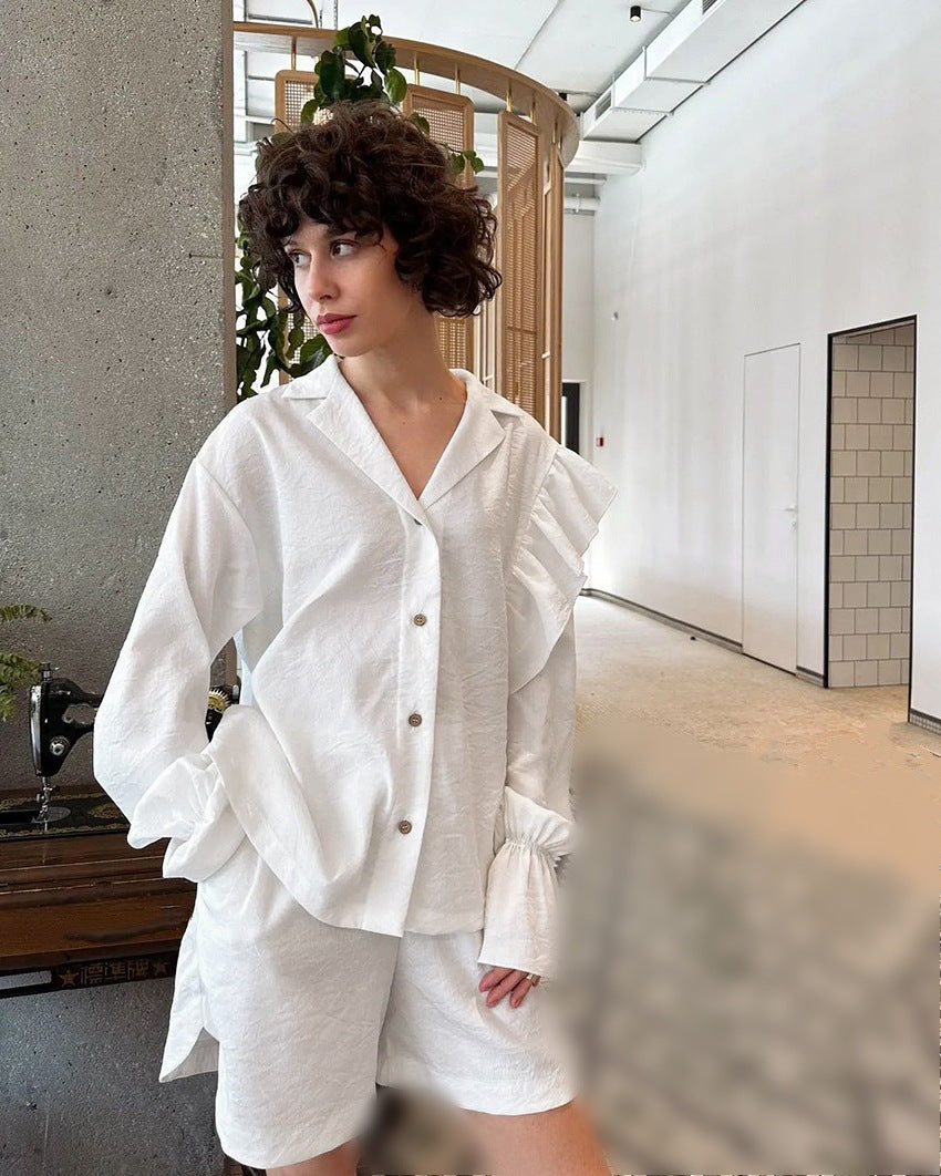Damen Lässiges Kurzarm-Pyjama-Set mit Rüschendetails EB