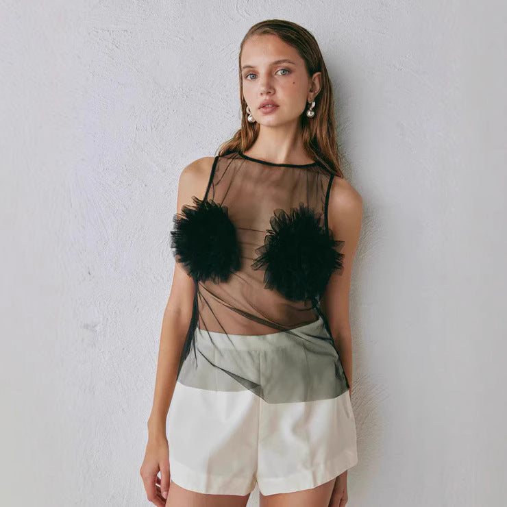 Damen Transparente Bluse mit voluminösen Rüschen EB