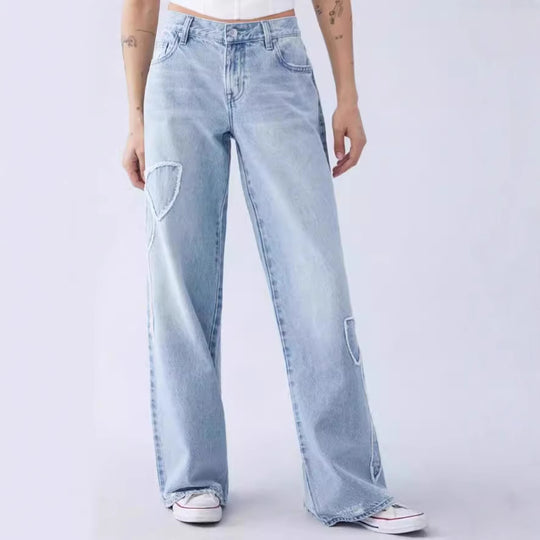 Damen weite High-Waist Denim-Jeans mit Distressed-Details EB