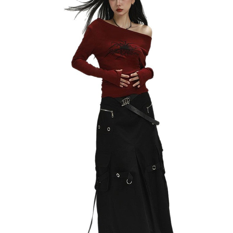 Damen Langarmshirt mit asymmetrischem Ausschnitt und grafischem Druck EB