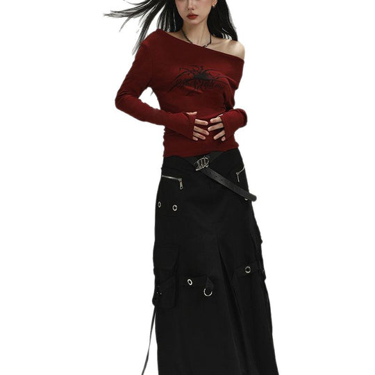 Damen Langarmshirt mit asymmetrischem Ausschnitt und grafischem Druck EB