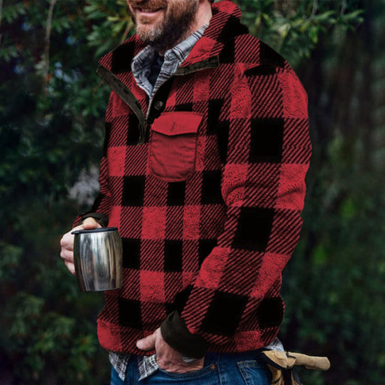 Herren Fleece-Pullover mit Karomuster und Hohem Kragen EB