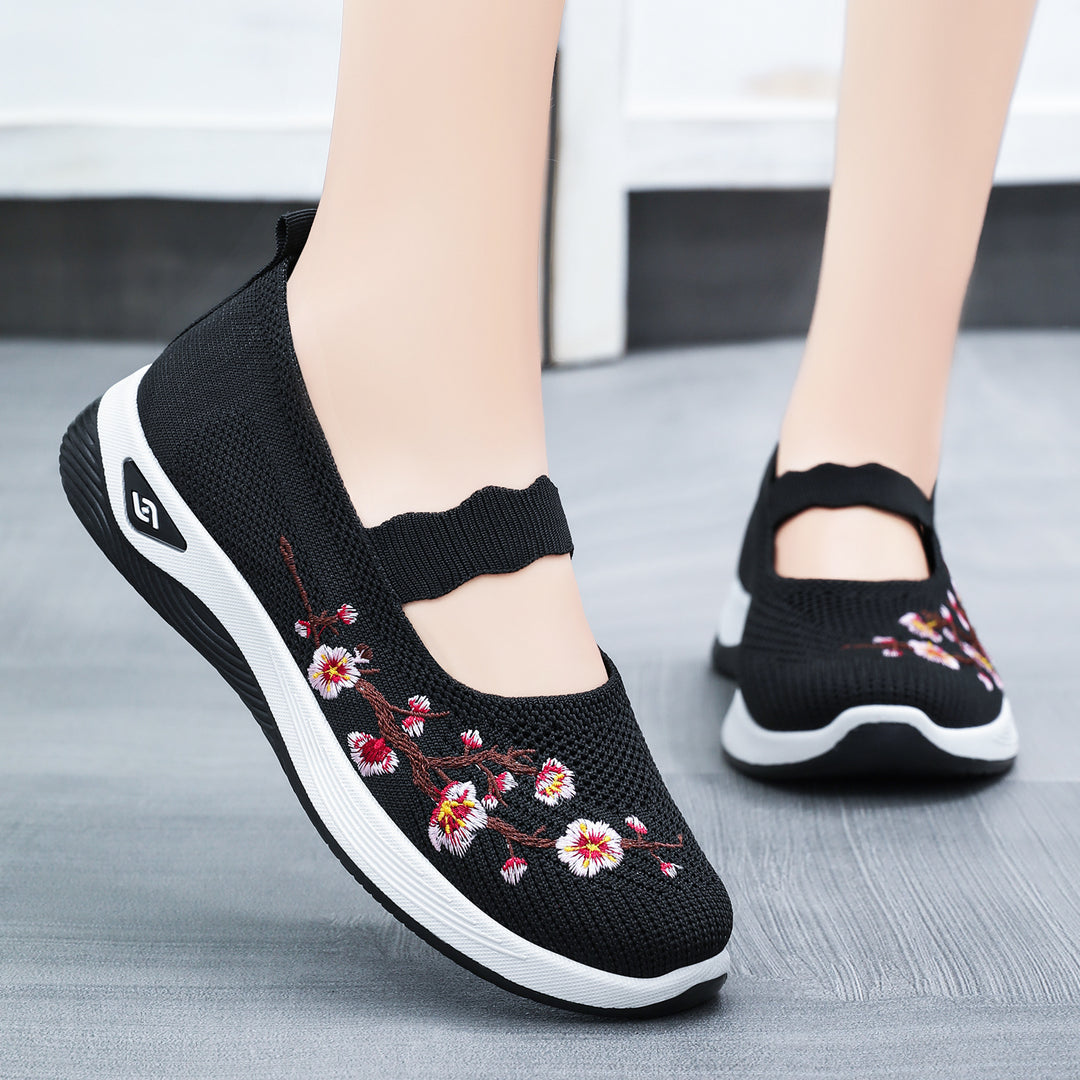 Damen nan bestickter gestrickter Slip-On Sneaker mit Mary-Jane Riemen und stoßdämpfender EVA-Sohle EB