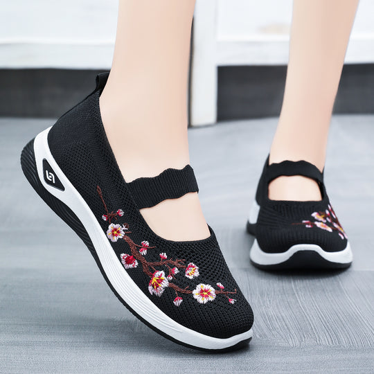 Damen nan bestickter gestrickter Slip-On Sneaker mit Mary-Jane Riemen und stoßdämpfender EVA-Sohle EB