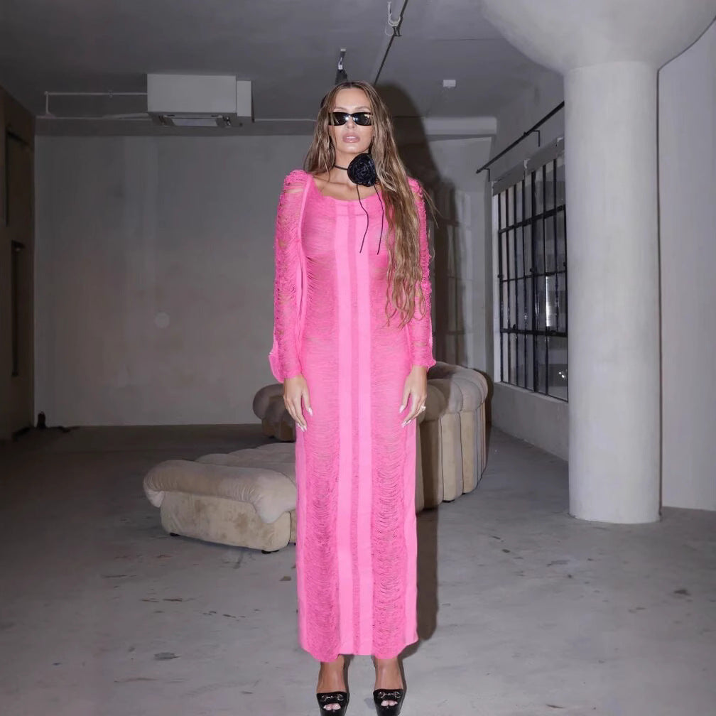 Damen elegantes Strandkleid mit raffinierten Fransen und transparenten Elementen EB
