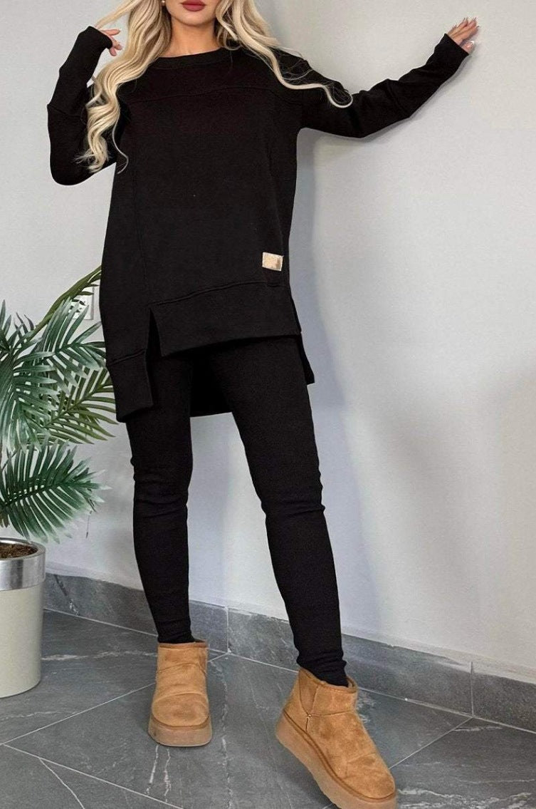 Damen Lässiges Langarm Sweatshirt-Set mit asymmetrischem Schnitt und praktischen Taschen EB