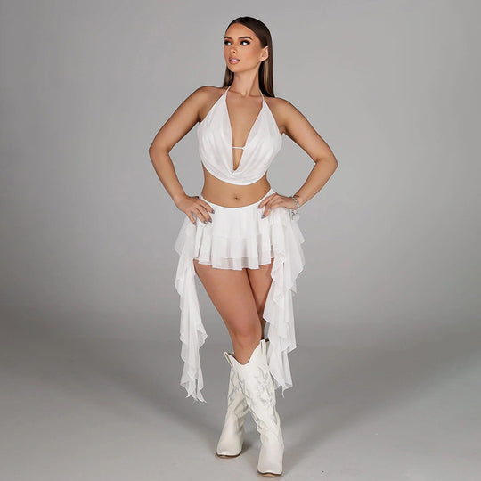 Damen Platziertes Mini-Kleid mit voluminösem Chiffon-Rüschensaum EB