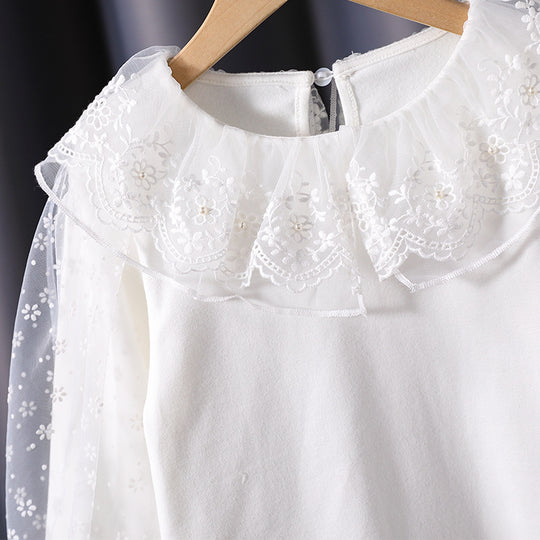 Mädchen Bluse mit floralem Tüllkragen und eleganten Puffärmeln EB