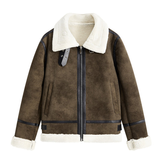 Herren Lammfellimitat Fliegerjacke mit hohem Kragen und Doppel-Schnallenverschluss EB