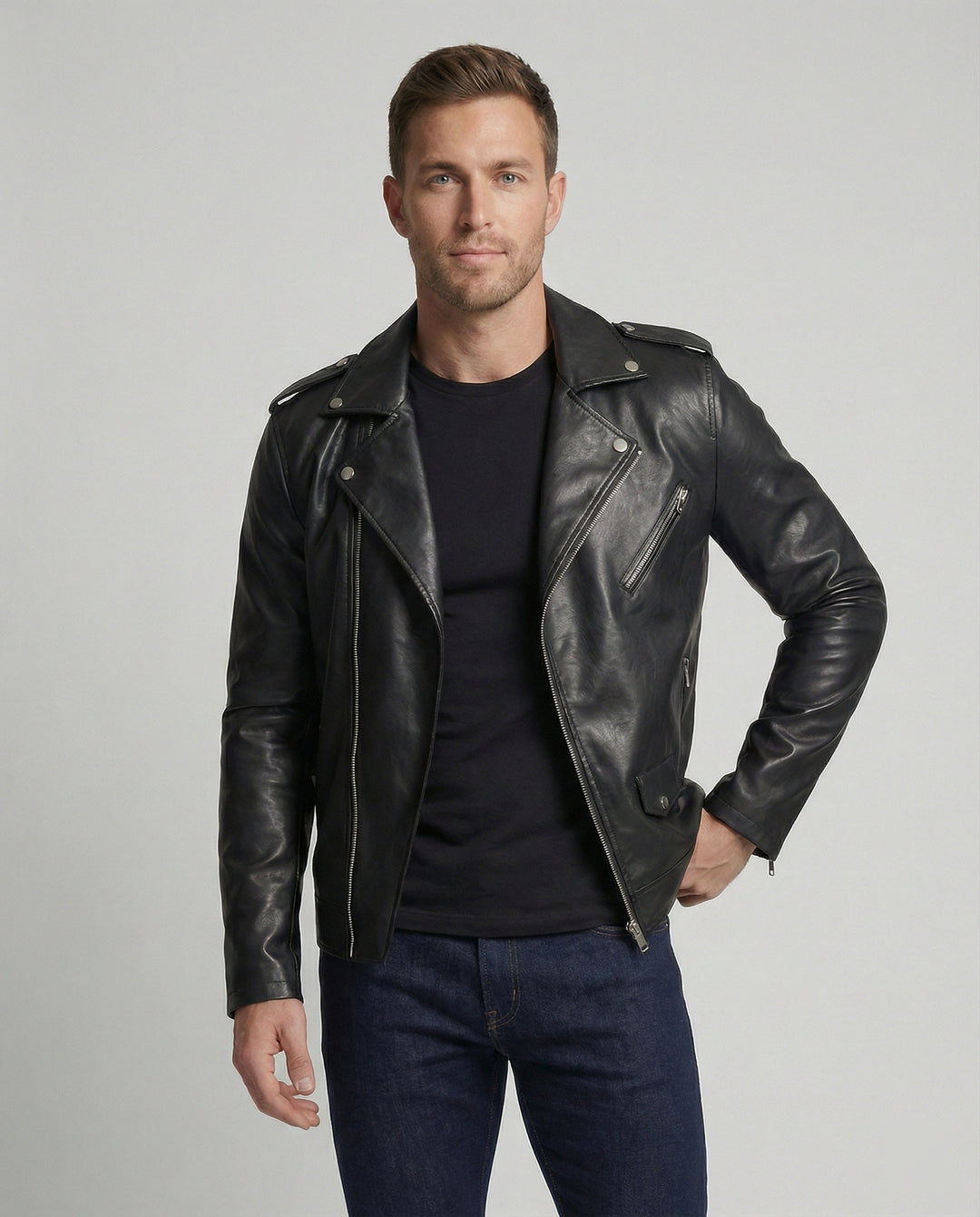 Herren Motorradjacke aus Leder mit asymmetrischem Zip EB