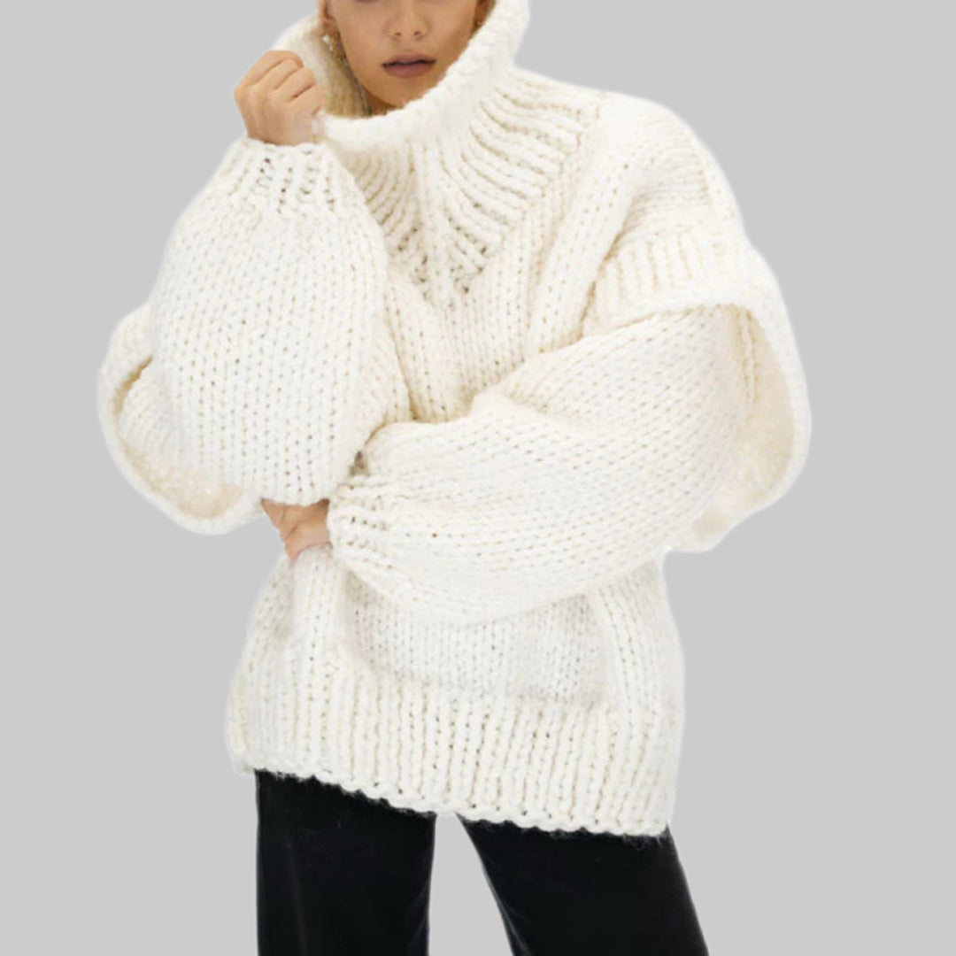 Damen Lockerer Strickpullover mit voluminösen Ärmeln und hohem Kragen EB