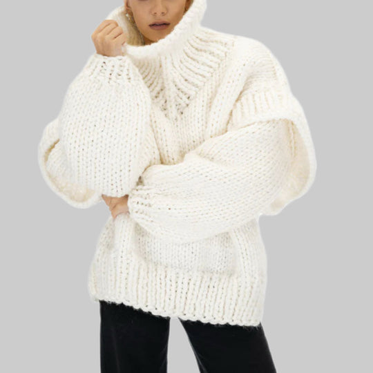 Damen Lockerer Strickpullover mit voluminösen Ärmeln und hohem Kragen EB