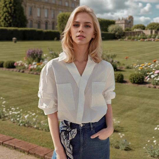 Damen Elegante Oversized Bluse aus hochwertigem Baumwollmix mit verdeckter Knopfleiste EB