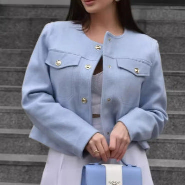 Damen elegante Bouclé-Jacke mit Knopfdetails und praktischen Taschen EB