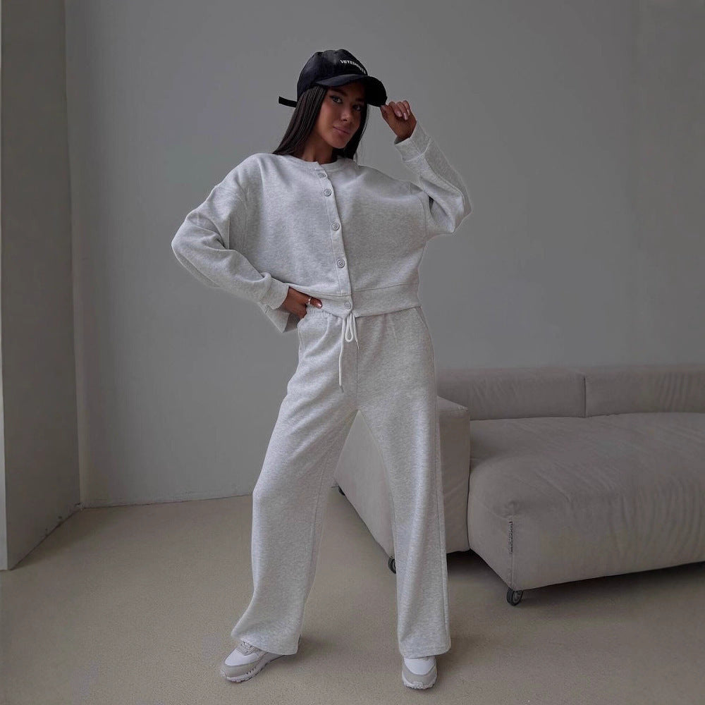 Damen Zweiteiliges Loungewear-Set aus Sweat mit geknöpfter Cropped-Jacke und weiter Kordelzughose EB