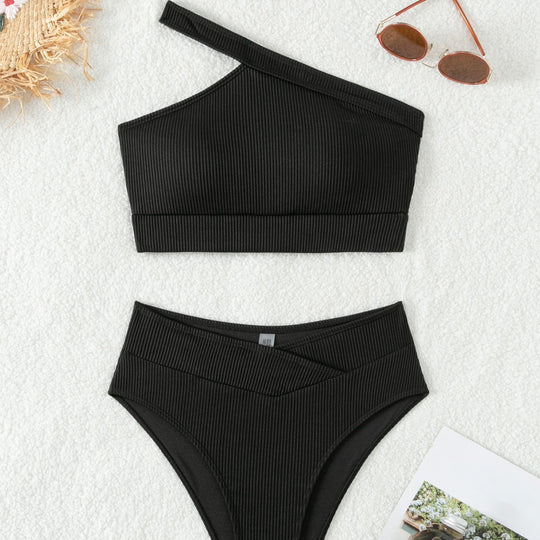 Damen Einseitig geschnittener Bikini-Top und hochtaillierte Bikinihose EB