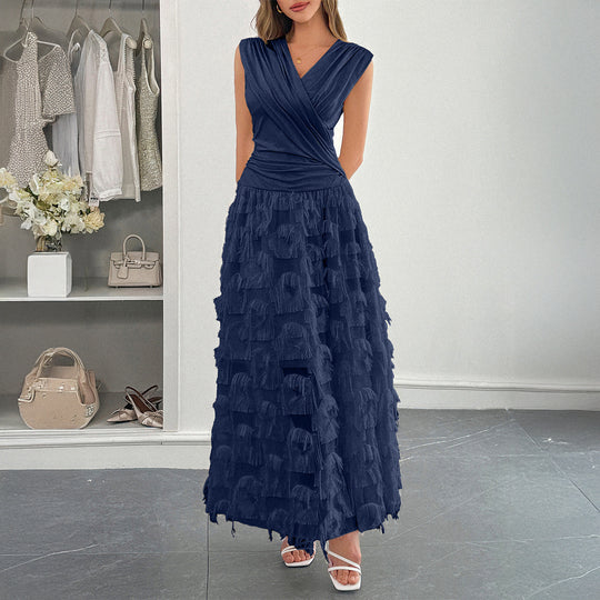 Damen Maxi-Faltenkleid mit Fransen EB