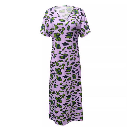 Damen Maxikleid mit V-Ausschnitt und modischem Tierdruck EB