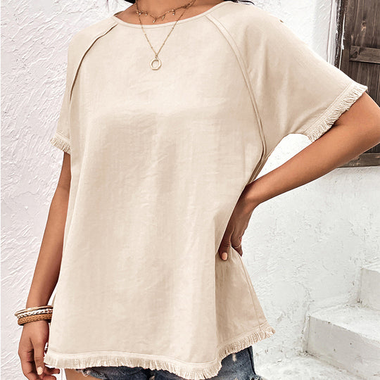 Damen lässiges T-Shirt mit fransigen Ärmeln und Rundhalsausschnitt EB