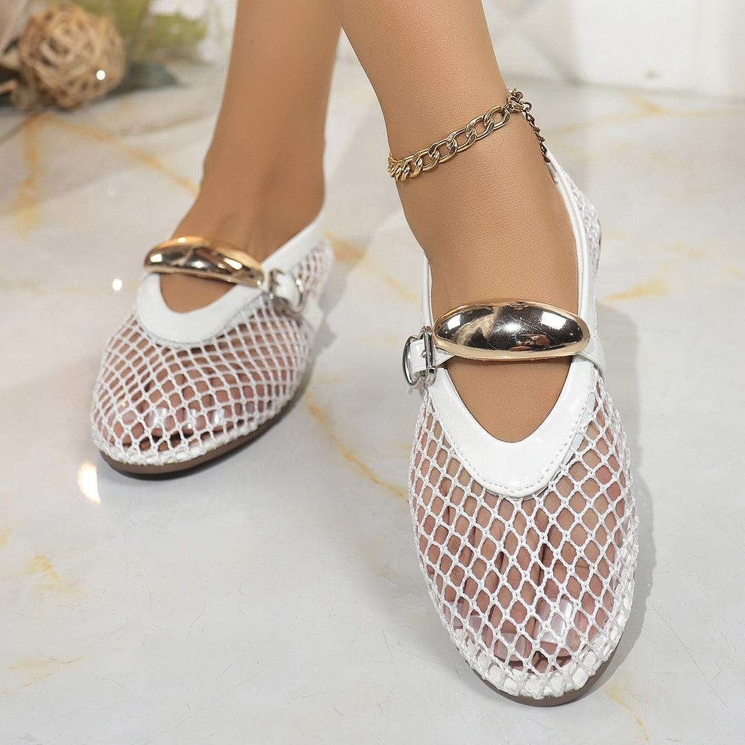Damen elegante Ballerinas mit netzartigem Obermaterial und dekorativen Schnallen EB