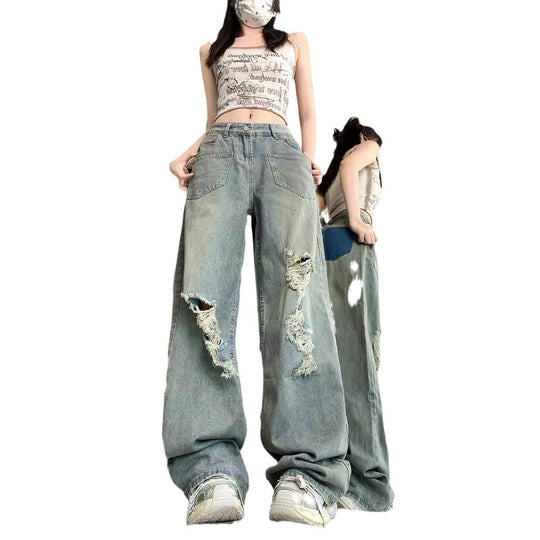 Damen Weite Destroyed Jeans im Vintage-Stil mit modischen Rissdetails EB