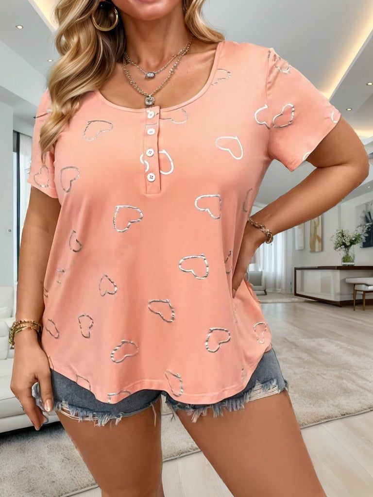 Damen lässiges T-Shirt mit romantischem Herzdesign und Knopfleiste EB