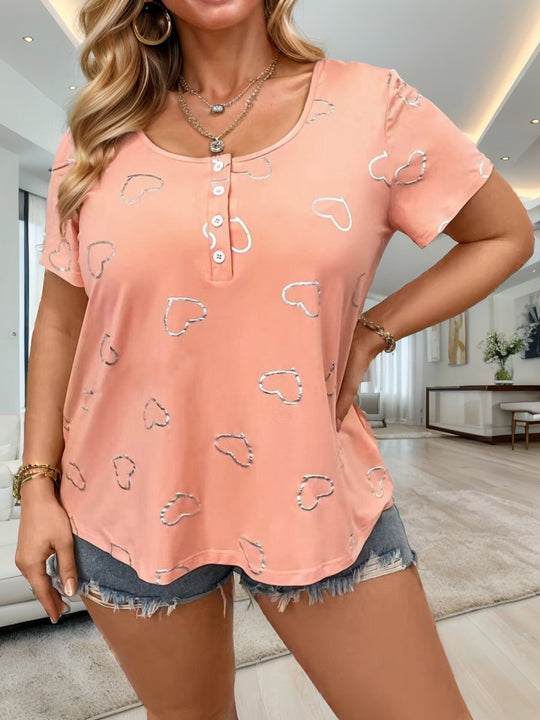 Damen lässiges T-Shirt mit romantischem Herzdesign und Knopfleiste EB
