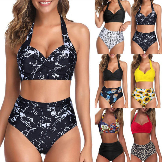 Damen Hochtaillierter Karobikini mit gerafftem Oberteil EB