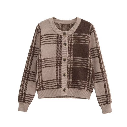 Damen Karierte Strickjacke mit Knopfleiste und Rundhalsausschnitt EB