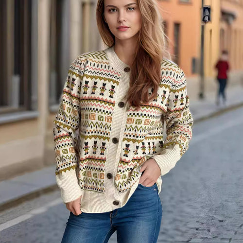 Damen Strickjacke mit farbenfrohem geometrischem Muster und praktischen Knöpfen EB