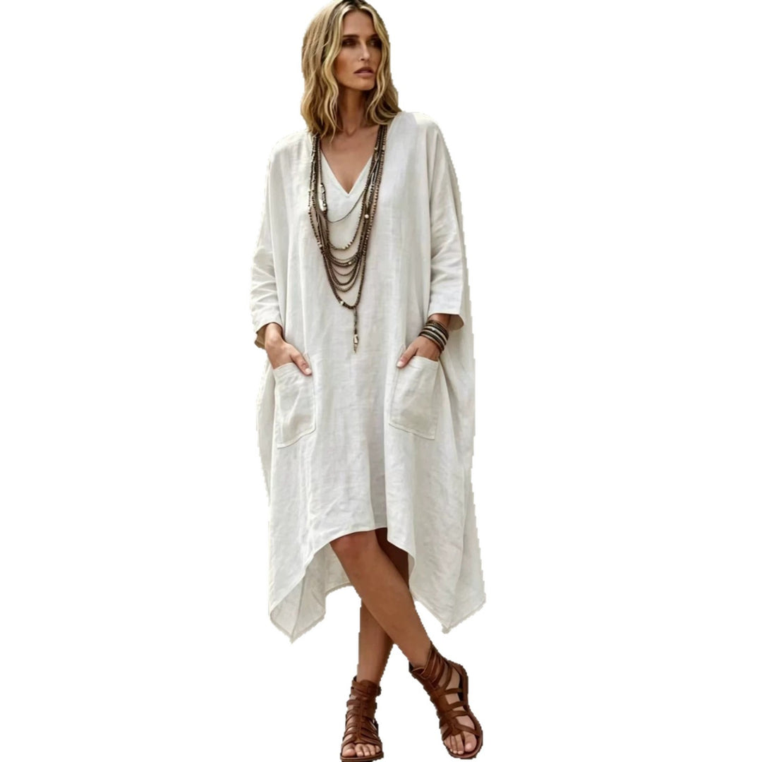 Damen nan Oversize Kaftankleid mit V-Ausschnitt, Eingrifftaschen und asymmetrischem Saum EB