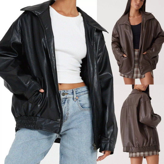 Damen Oversize Kunstleder Blouson mit Reißverschluss und elastischem Saum EB