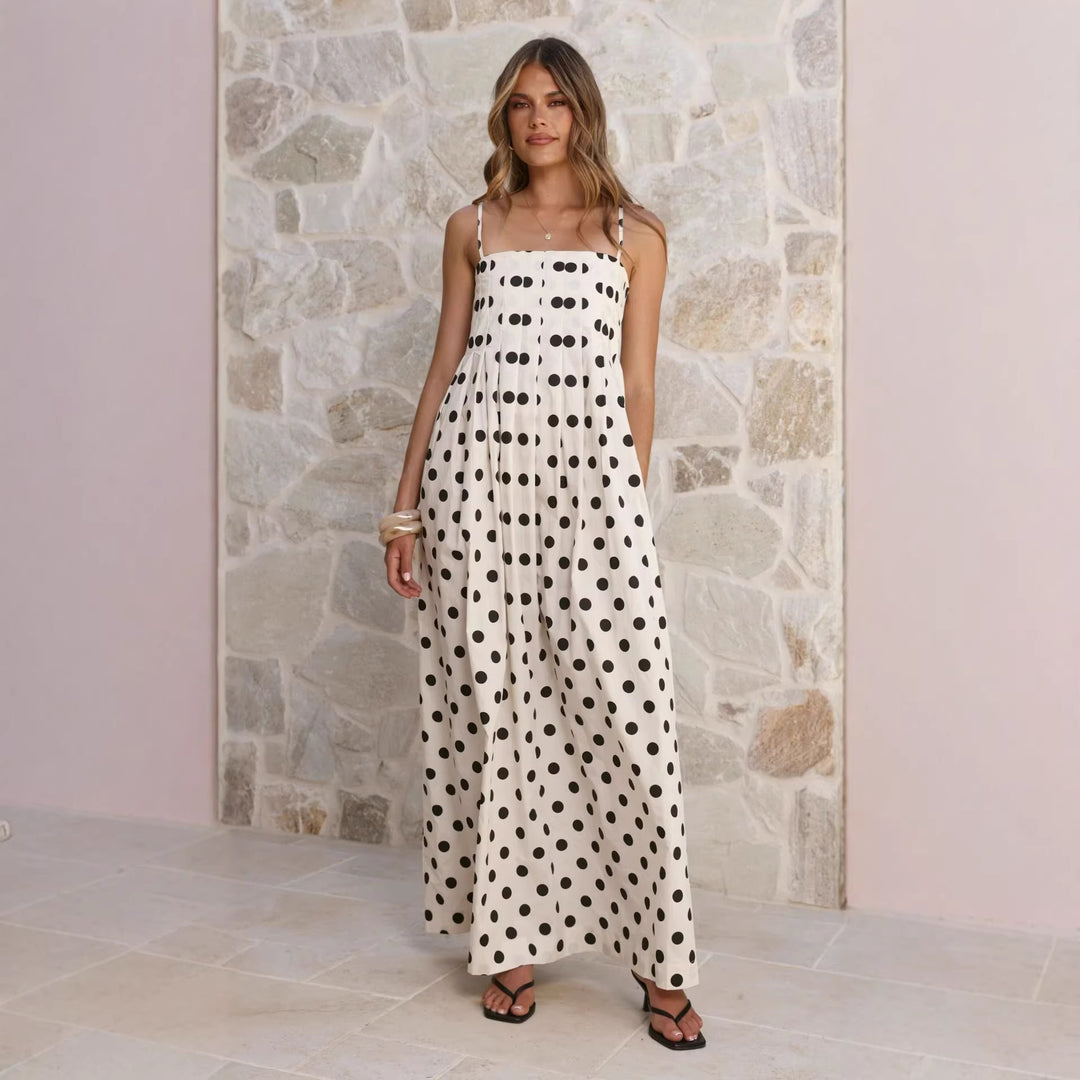 Damen Maxikleid mit verspieltem Punkte-Muster und schulterfreien Trägern EB