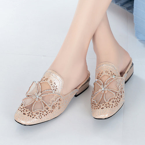 Damen Mules mit funkelnden Strassverzierungen und elegantem Blütenakzent EB