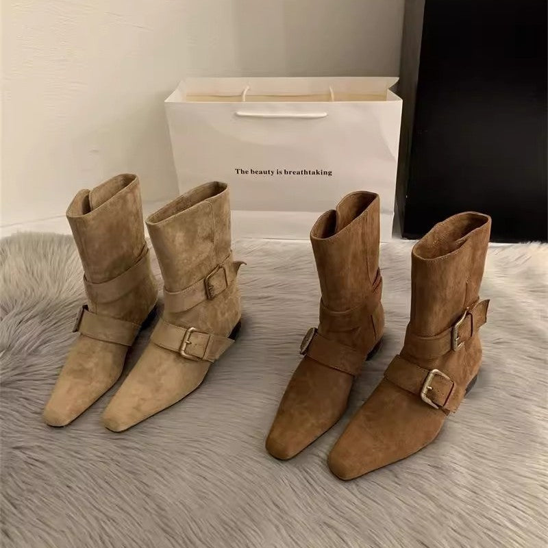 Damen elegante Stiefeletten aus hochwertigem Wildleder mit verstellbarem Riemen und spitzem Schnitt EB